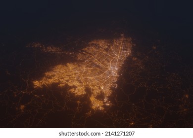 Aerial Shot Of Bogota (Colombia) At Night, View From South. Imitation Of Satellite View On Modern City With Street Lights And Glow Effect. 3d Render, High Resolution