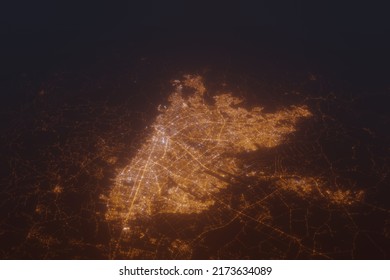 Aerial Shot Of Bogota (Colombia) At Night, View From North. Imitation Of Satellite View On Modern City With Street Lights And Glow Effect. 3d Render, High Resolution