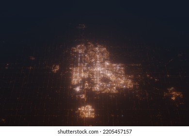 Aerial Shot Of Calgary (Canada) At Night, View From North. Imitation Of Satellite View On Modern City With Street Lights And Glow Effect. 3d Render, High Resolution