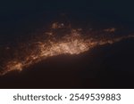 Aerial shot of Casablanca (Morocco) at night, view from north. Imitation of satellite view on modern city with street lights and glow effect. 3d render, high resolution