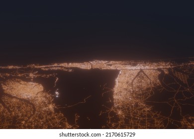 Aerial shot of Cotonou (Benin) at night, view from north. Imitation of satellite view on modern city with street lights and glow effect. 3d render, high resolution
