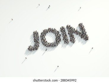 Aerial Shot Of A Crowd Of People Forming The Word 'Follow'. Concept For How People Follow Each Other On Social Networks And Social Media Channels, Websites, Chat Rooms And News Groups.