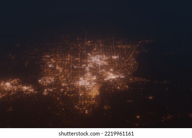 Aerial Shot Of Detroit (Michigan, USA) At Night, View From South. Imitation Of Satellite View On Modern City With Street Lights And Glow Effect. 3d Render, High Resolution