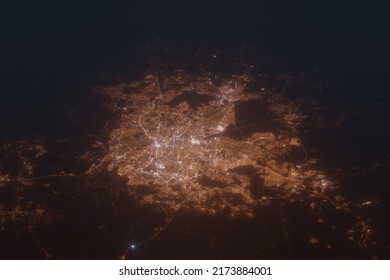 Aerial Shot Of Mexico At Night, View From South. Imitation Of Satellite View On Modern City With Street Lights And Glow Effect. 3d Render, High Resolution