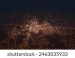 Aerial shot of Monroe (Louisiana, USA) at night, view from north. Imitation of satellite view on modern city with street lights and glow effect. 3d render, high resolution