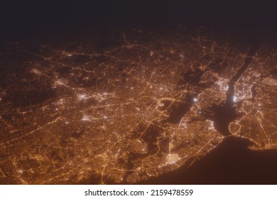 Aerial shot of Newark (New Jersey, USA) at night, view from south. Imitation of satellite view on modern city with street lights and glow effect. 3d render, high resolution