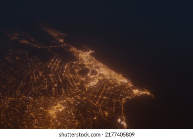 Aerial Shot On Alexandria (Egypt) At Night, View From East. Imitation Of Satellite View On Modern City With Street Lights And Glow Effect. 3d Render, High Resolution