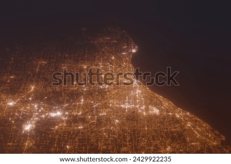 Aerial shot on Cleveland (Ohio, USA) at night, view from east. Imitation of satellite view on modern city with street lights and glow effect. 3d render, high resolution Stock photo © 