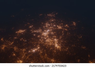 Aerial shot on Katowice (Poland) at night, view from east. Imitation of satellite view on modern city with street lights and glow effect. 3d render, high resolution