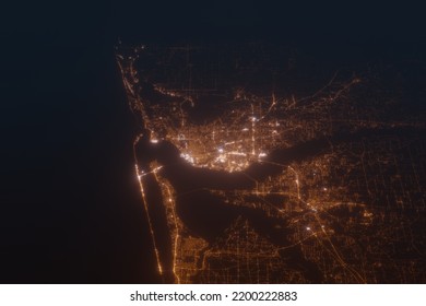 Aerial Shot On Pensacola (Florida, USA) At Night, View From East. Imitation Of Satellite View On Modern City With Street Lights And Glow Effect. 3d Render, High Resolution