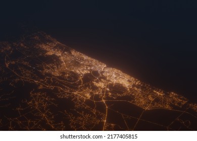 Aerial Shot On Rabat (Morocco) At Night, View From East. Imitation Of Satellite View On Modern City With Street Lights And Glow Effect. 3d Render, High Resolution