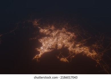 Aerial Shot On Reykjavik (Iceland) At Night, View From West. Imitation Of Satellite View On Modern City With Street Lights And Glow Effect. 3d Render, High Resolution