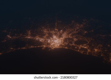 Aerial Shot On Valencia (Spain) At Night, View From East. Imitation Of Satellite View On Modern City With Street Lights And Glow Effect. 3d Render, High Resolution