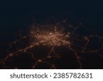 Aerial shot on Yamoussoukro (Ivory Coast) at night, view from east. Imitation of satellite view on modern city with street lights and glow effect. 3d render, high resolution