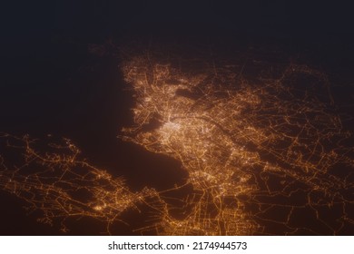 Aerial Shot Of Oulu (Finland) At Night, View From South. Imitation Of Satellite View On Modern City With Street Lights And Glow Effect. 3d Render, High Resolution