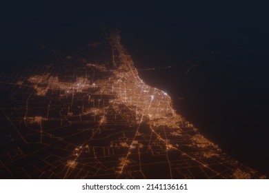 Aerial Shot Of Rosario (Argentina) At Night, View From South. Imitation Of Satellite View On Modern City With Street Lights And Glow Effect. 3d Render, High Resolution