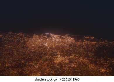 Aerial Shot Of San Jose (Puerto Rico) At Night, View From South. Imitation Of Satellite View On Modern City With Street Lights And Glow Effect. 3d Render, High Resolution