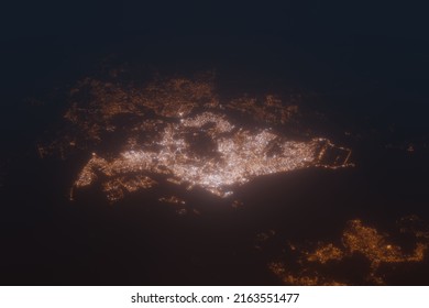 Aerial Shot Of Singapore At Night, View From South. Imitation Of Satellite View On Modern City With Street Lights And Glow Effect. 3d Render, High Resolution