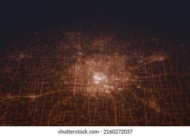 Aerial Shot Of Springfield (Missouri, USA) At Night, View From North. Imitation Of Satellite View On Modern City With Street Lights And Glow Effect. 3d Render, High Resolution