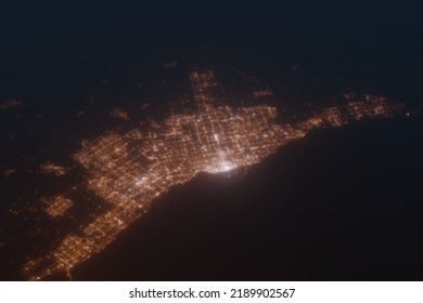 Aerial Shot Of Toronto (Canada) At Night, View From South. Imitation Of Satellite View On Modern City With Street Lights And Glow Effect. 3d Render, High Resolution