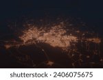 Aerial shot of Torreon (Mexico) at night, view from south. Imitation of satellite view on modern city with street lights and glow effect. 3d render, high resolution