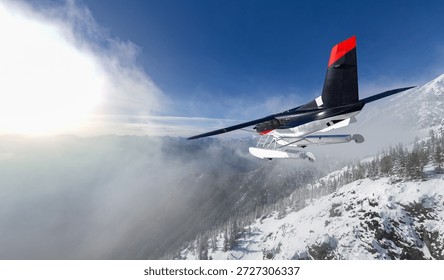 Aerial shot of a white and red float plane flying above snow-covered mountains; 3d Rendering aircraft. Background from BC, Canada.