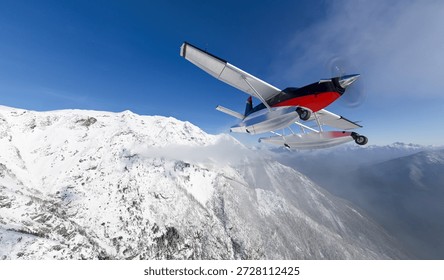 Aerial shot of a white and red float plane flying above snow-covered mountains; 3d Rendering aircraft. Background from BC, Canada.