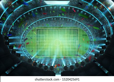 Aerial Top Angle View Of Imaginary Soccer Stadium With Illumination . 3D Rendering .