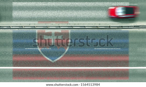 Aerial top down view of\
car and flag of Slovakia on the road. Traveling related conceptual\
3D rendering