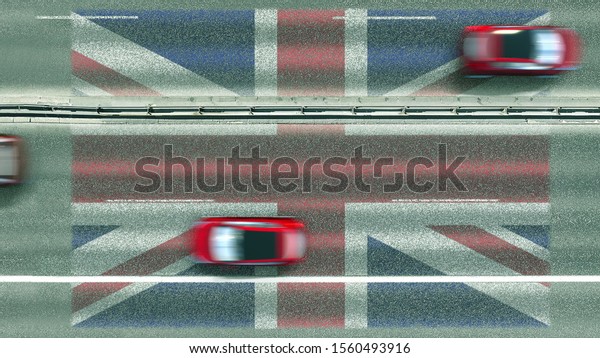 Aerial top down
view of cars and flag of Great Britain on the road. Traveling
related conceptual 3D
rendering