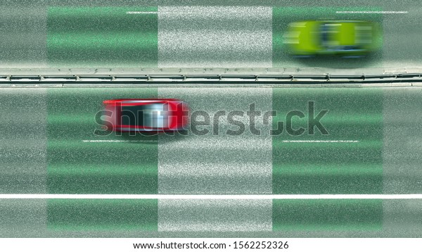 Aerial top down view of\
cars and flag of Nigeria on the road. Traveling related conceptual\
3D rendering