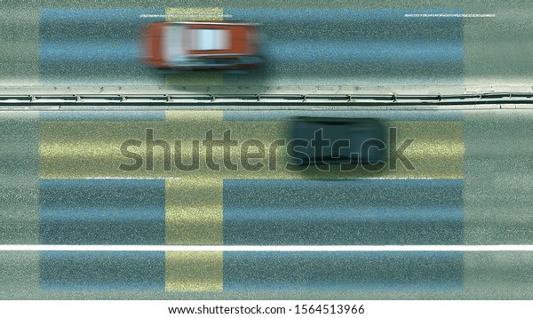 Aerial top down view of\
cars and flag of Sweden on the road. Traveling related conceptual\
3D rendering