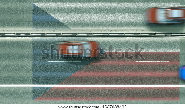 Aerial top down\
view of cars and flag of the Czech Republic on the road. Traveling\
related conceptual 3D\
rendering