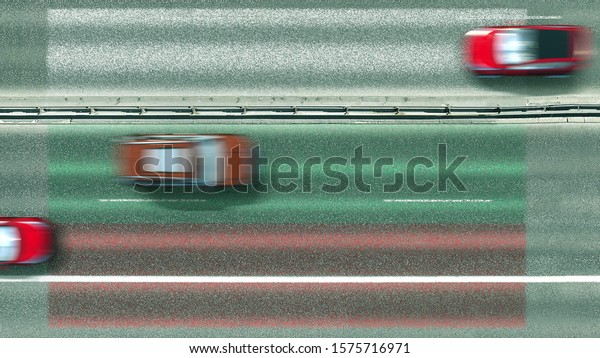 Aerial top down view of\
cars and flag of Bulgaria on the road. Traveling related conceptual\
3D rendering