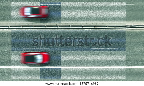Aerial top down view of\
cars and flag of Finland on the road. Traveling related conceptual\
3D rendering