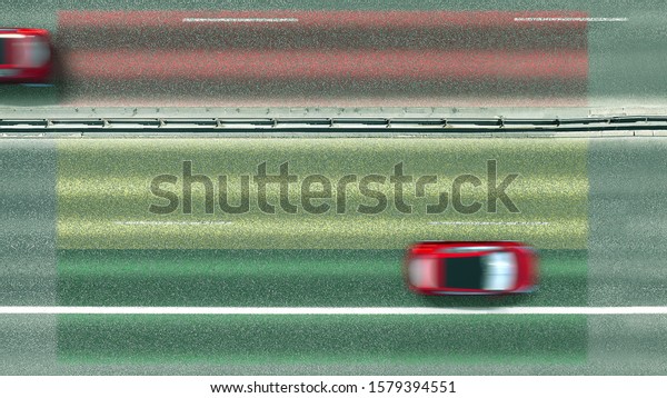 Aerial top down view of\
cars and flag of Bolivia on the road. Traveling related conceptual\
3D rendering