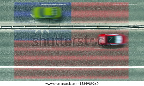 Aerial top down view of\
cars and flag of Taiwan on the road. Traveling related conceptual\
3D rendering