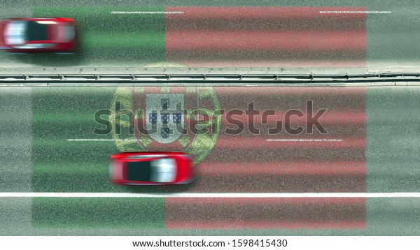 Aerial top down view of\
cars and flag of Portugal on the road. Traveling related conceptual\
3D rendering