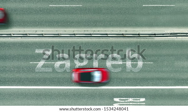 Aerial top down view of
the road with cars revealing Zagreb caption. Car travel in Croatia
3D rendering