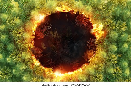 An Aerial Top View Of A Forest Fire Spreading Out In A Circle. Climate And Extreme Weather Events Concept. 3D Illustration