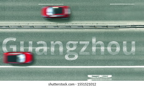 Aerial Top-down View Of The Road. Cars Reveal Guangzhou Text. Travel To China 3D Rendering