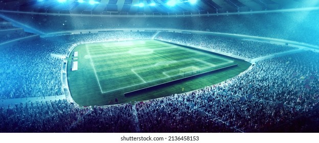 Aerial View. 3D Render. Stadium In Neoned Colorful Flashlights Background. Poster, Flyer With Modern Colors. Concept Of Sport, Competition, Winning, Action. Empty Area For Championships, Ad, Design