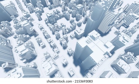 Aerial View Of Abstract Modern City Downtown Looking As Architectural Scale Model With High Rise Buildings Skyscrapers And Empty Streets. Urban Planning Concept 3D Illustration From My 3D Rendering.