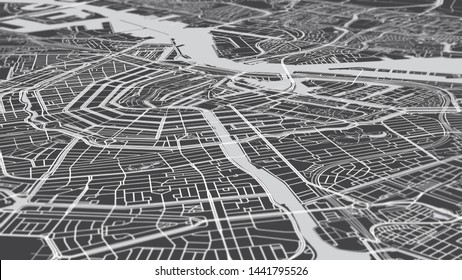 Aerial View City Map Amsterdam, Monochrome Detailed Plan Streets And Canals, Urban Grid In Perspective