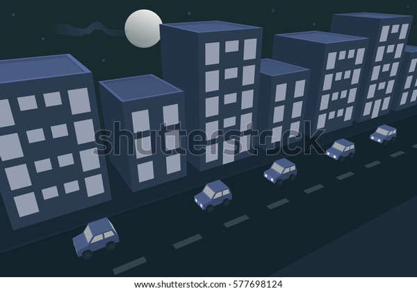 aerial view of a city with only one way\
traffic. several buildings and a big moon in the background. 3d\
perspective using a simple design. night\
scene