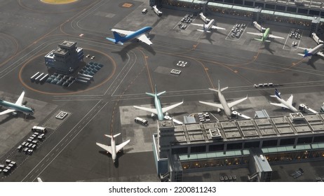 Aerial View Of A Commercial Airport 3D Render With Parked Planes, Passenger Terminals, Runway And Service Machinery. Top Down View Of Modern Aircrafts In International Airport. VFX Edit.