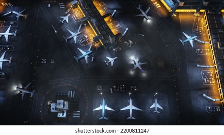 Aerial View Of A Commercial Airport 3D Render With Airplanes, Passenger Terminals, Runway And Service Machinery. Top Down View Of Modern VFX Aircrafts Moving International Port During Night.