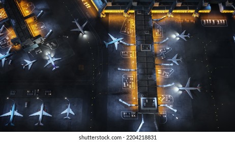 Aerial View Of A Commercial Airport 3D Render With Airplanes, Passenger Terminals, Runway And Service Machinery. Top Down View Of Modern VFX Aircrafts Moving International Port At Night.