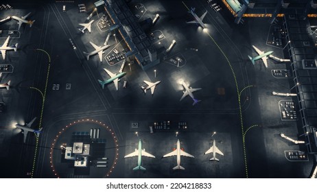 Aerial View Of A Commercial Airport 3D Render With Airplanes, Passenger Terminals, Runway And Service Machinery. Top Down View Of Modern VFX Aircrafts Moving International Port At Night Time.