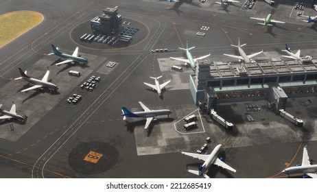 Aerial View Of A Commercial Airport 3D Render With Parked Planes, Passenger Terminals, Runway And Service Machinery. Top Down View Of Aircrafts In International Airport. VFX Edit.